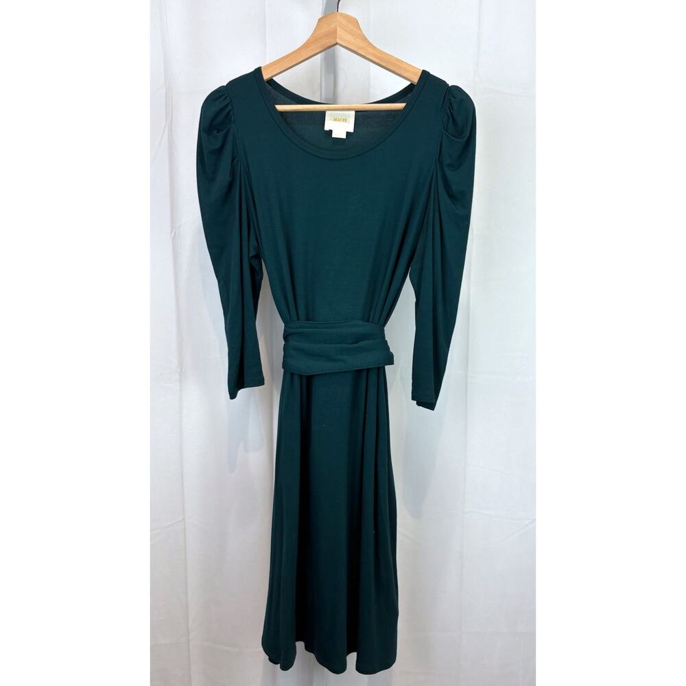 MAEVE Sz S Anthropologie Ceres Ruched Dress 3/4 Puff Sleeve Tie Waist Teal Green
